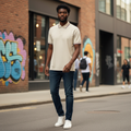 Young Nigerian male model wearing cream tipped collar pique polo shirt