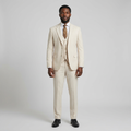 Full-body Black adult model wearing an ivory three-piece suit