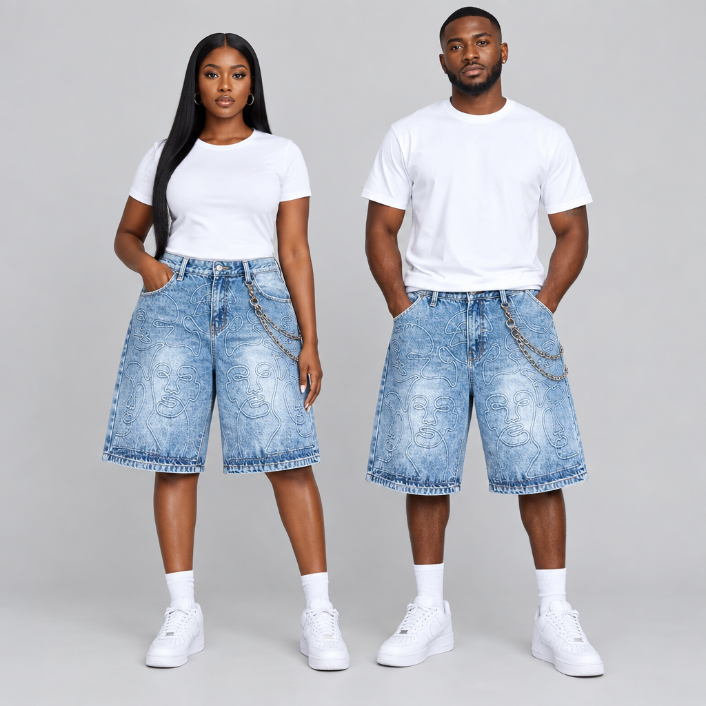Woman and man together wearing longer light blue line-art denim shorts with side chains