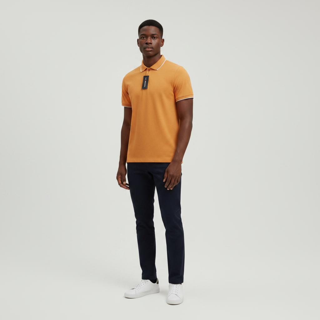 Nigerian model wearing amber tipped polo shirt