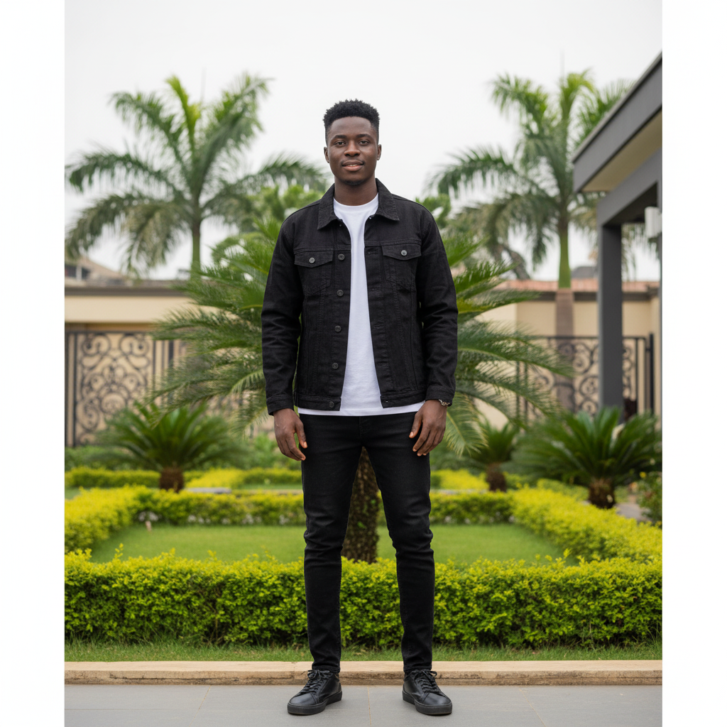 Nigerian male model wearing all-black denim trucker jacket