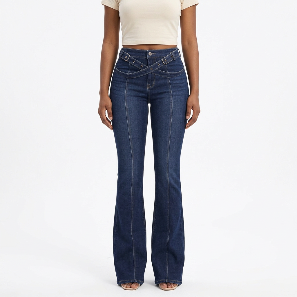 Female model wearing dark indigo crossover waist flared jeans matched to the ghost mannequin image