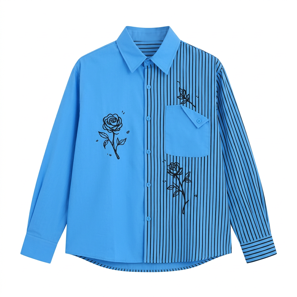 Blue pinstripe rose-print long-sleeve shirt on an invisible mannequin