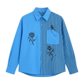 Blue pinstripe rose-print long-sleeve shirt on an invisible mannequin