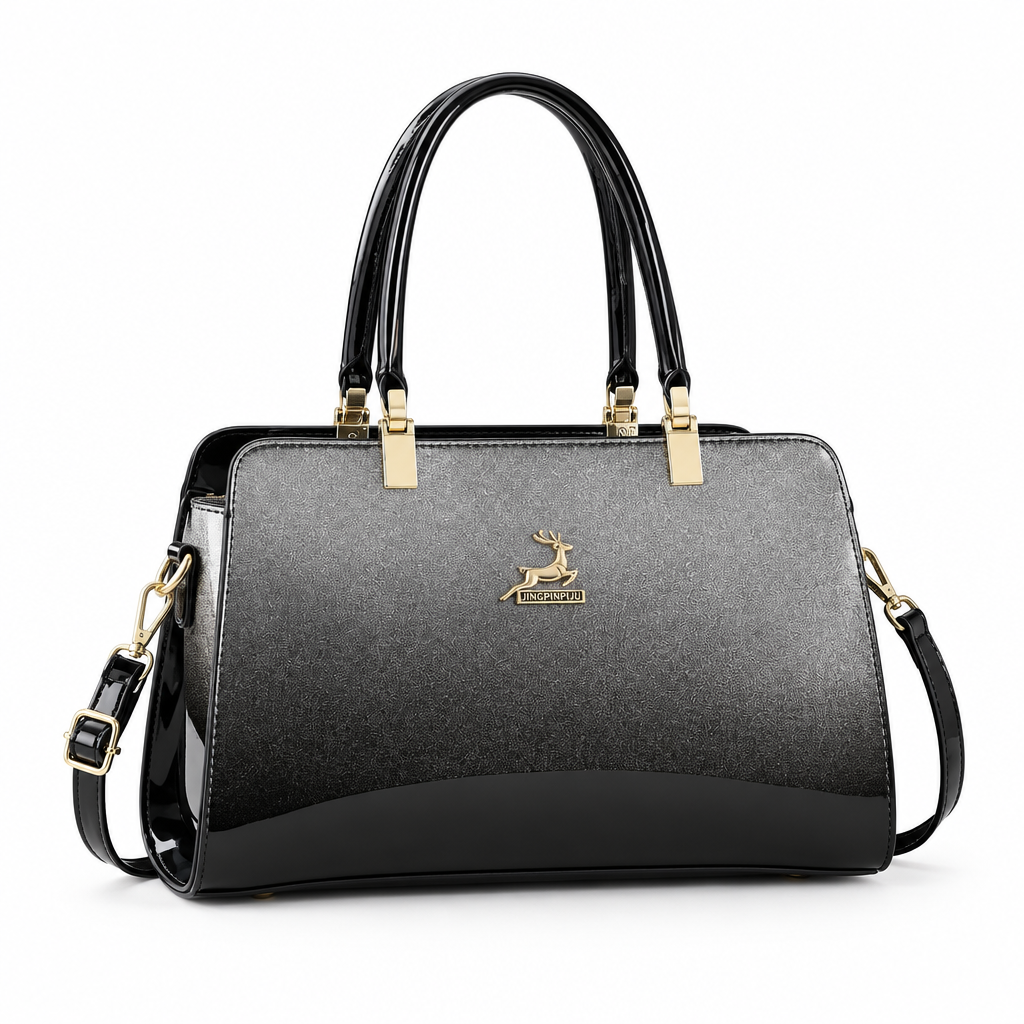 Structured charcoal and black women's handbag on white background