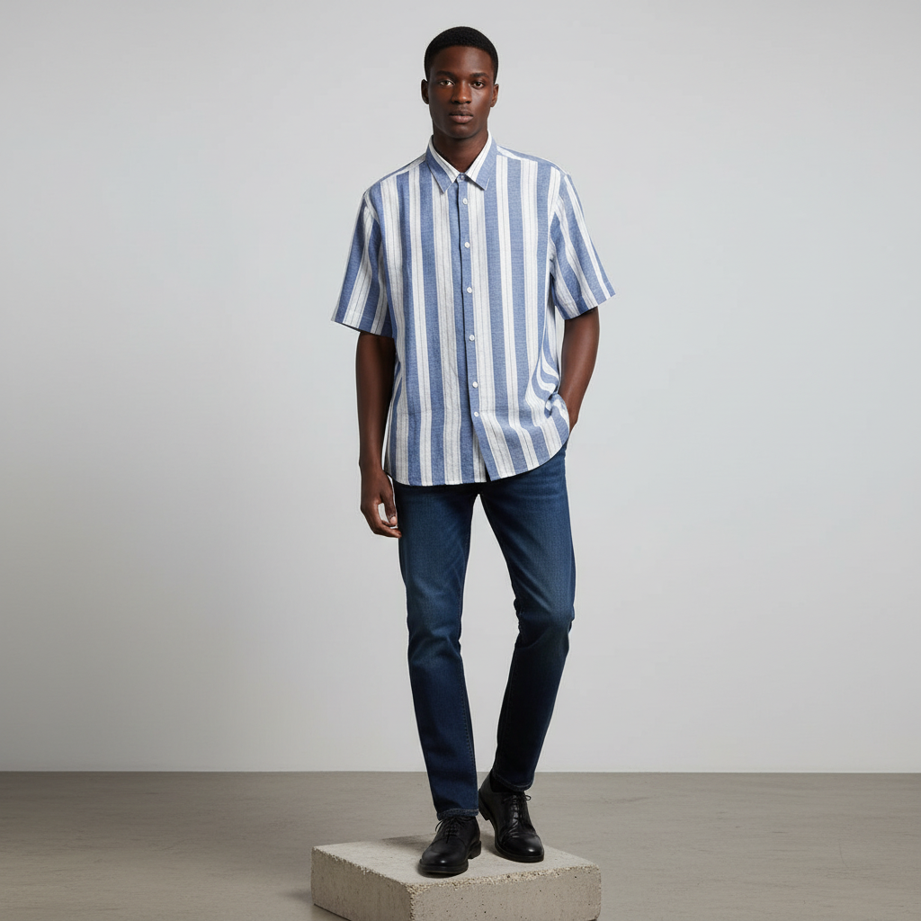 Nigerian male model wearing blue and white stripe short-sleeved shirt