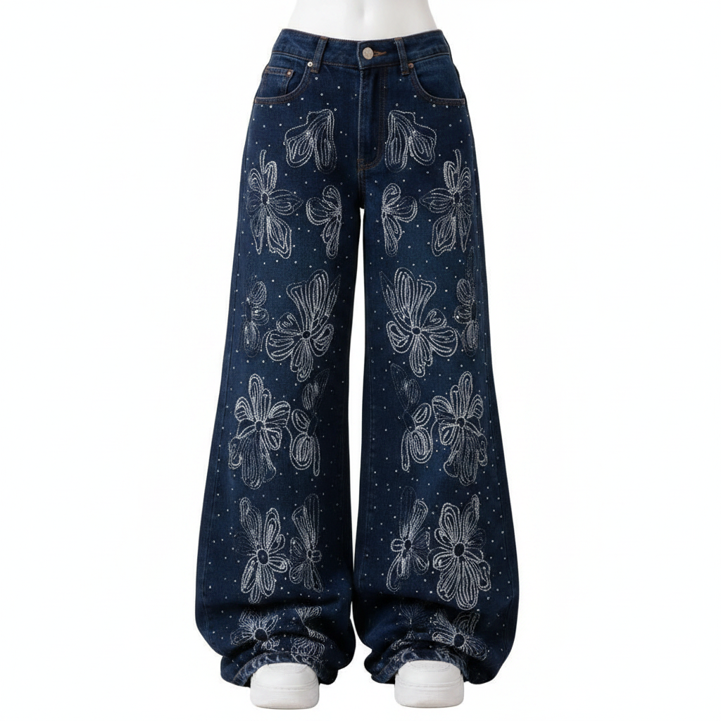 Women's dark navy blue wide-leg baggy jeans with rhinestone crystal butterfly floral print - ghost mannequin front view