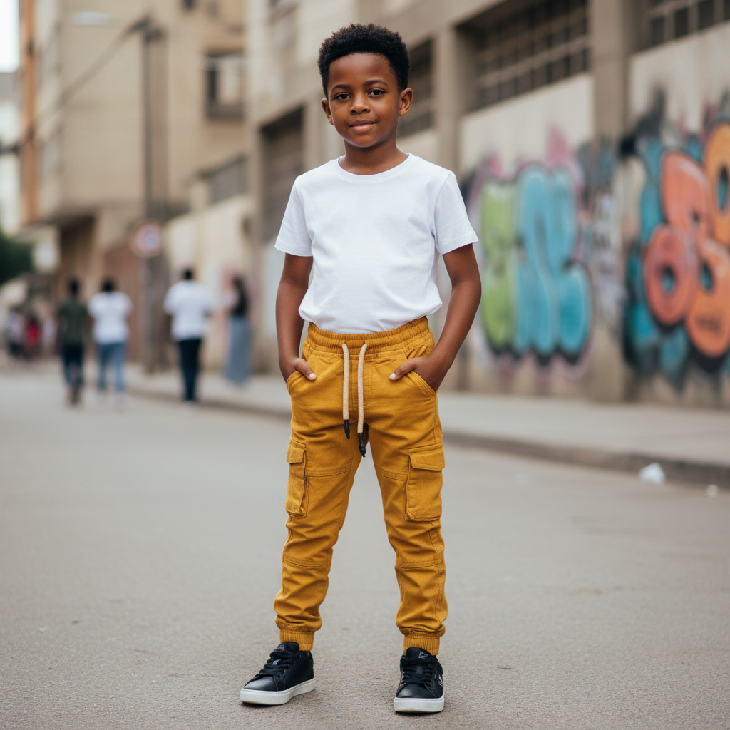 Young Nigerian boy wearing mustard yellow cargo jogger pants