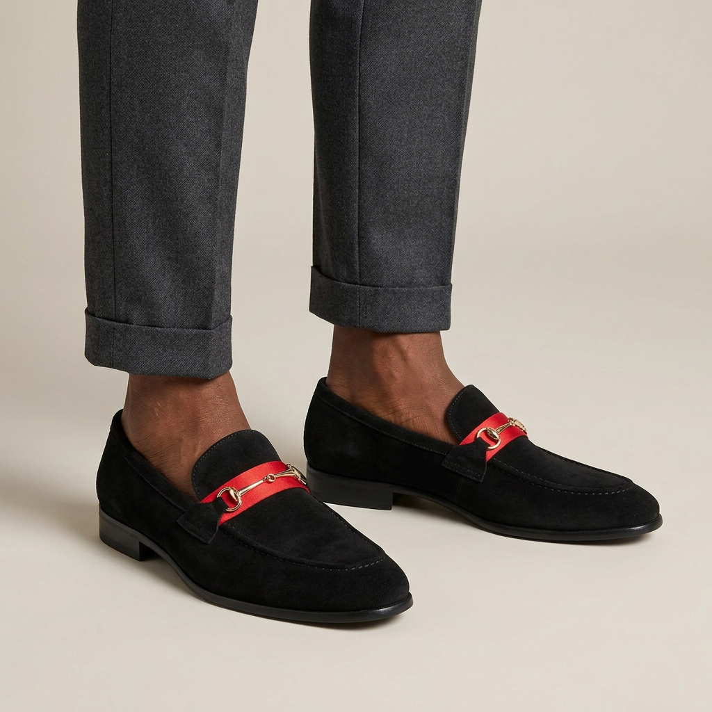 Both feet of a Nigerian Black man wearing black red-band bit loafers