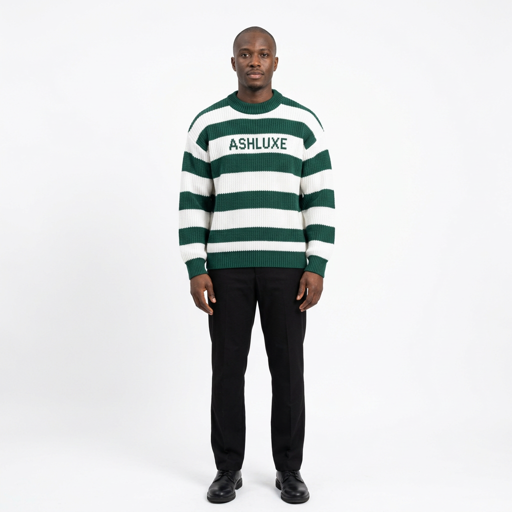 Full-body adult Black man wearing a green and white striped knit sweater