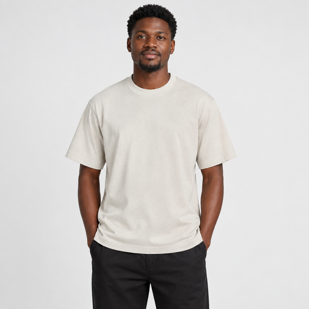 Man wearing plain light beige crew-neck T-shirt