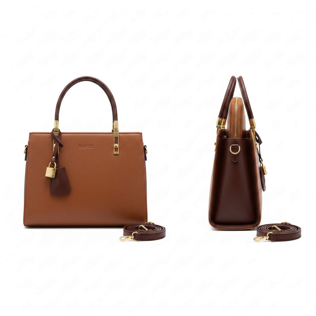 Tan brown structured leather 2-in-1 tote bag ghost mannequin front and side view with crossbody strap
