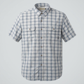 Blue-grey checked short-sleeve twin-pocket shirt on an invisible mannequin