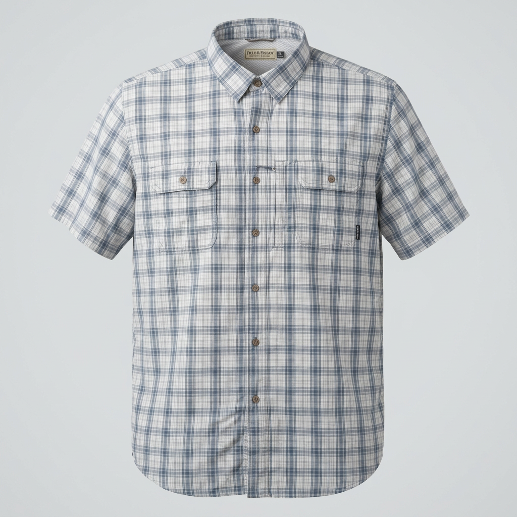 Blue-grey checked short-sleeve twin-pocket shirt on an invisible mannequin