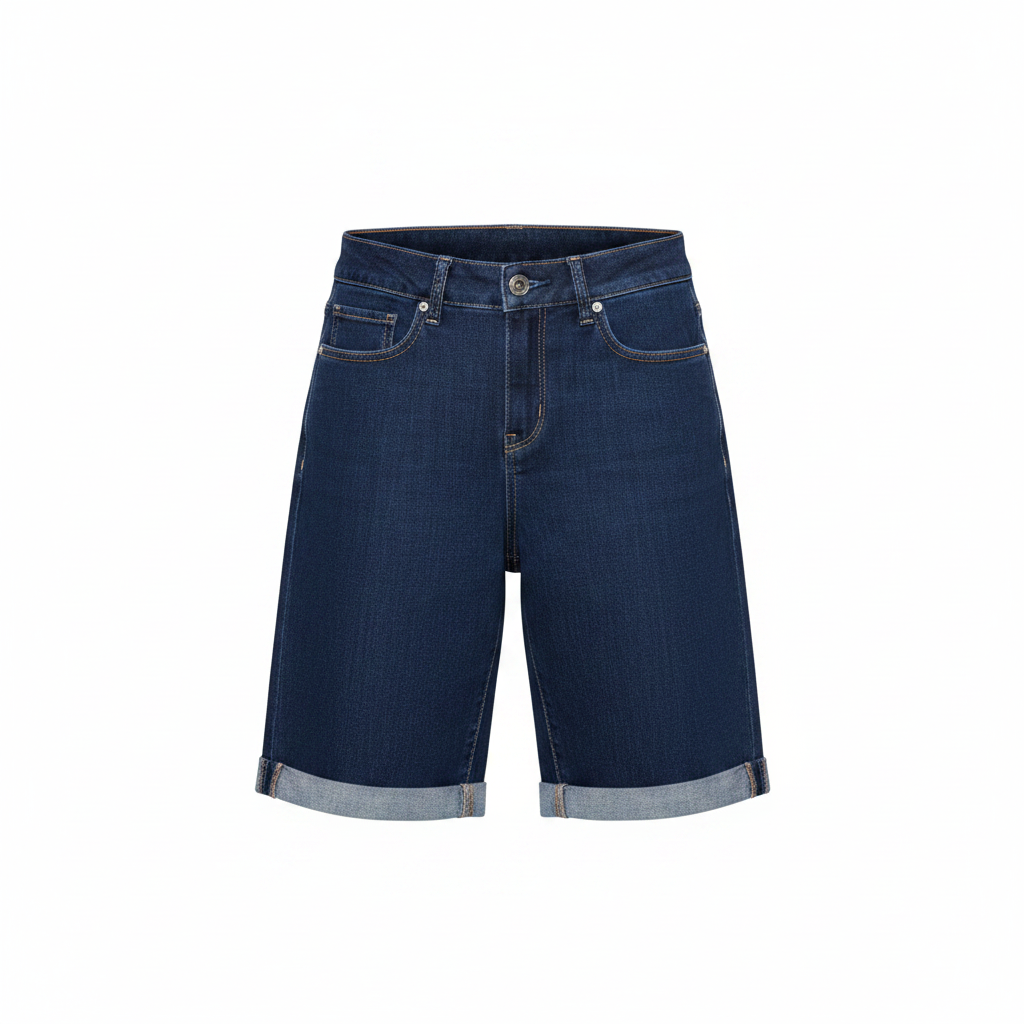 Dark Blue High-Waist Bermuda Denim Shorts – Front Ghost Mannequin