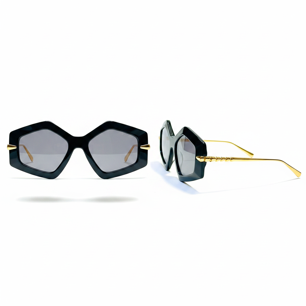 Women's oversized geometric sunglasses with black angular frame, gold ribbed temple hardware and light grey lenses – front and side ghost mannequin view on white background