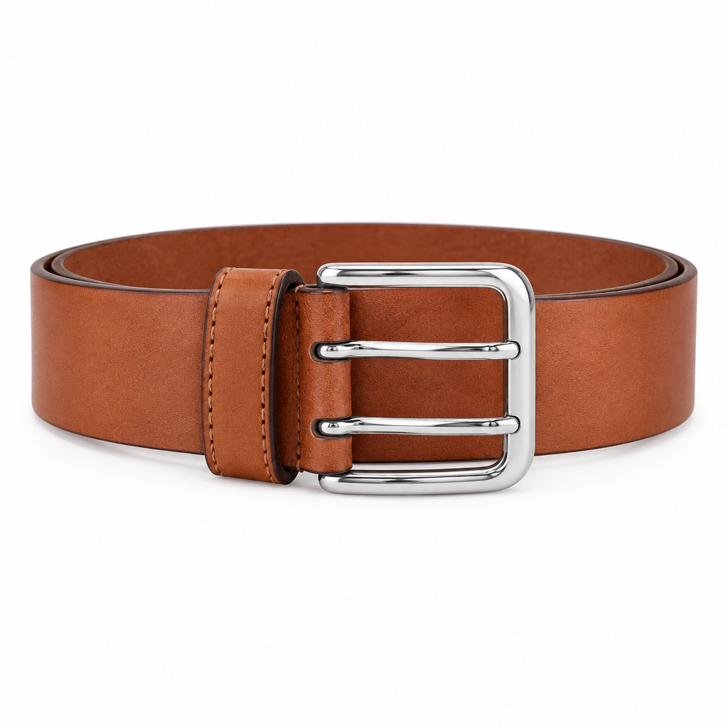 Tan Saddle Brown Leather Double-Bar Buckle Belt - Front View