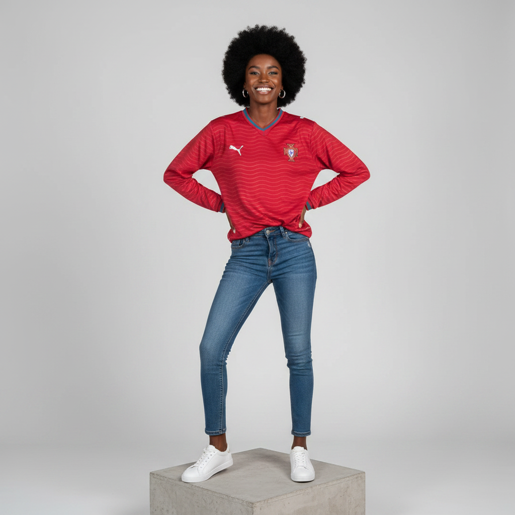 Nigerian female model wearing crimson red wave texture long sleeve football jersey on concrete plinth