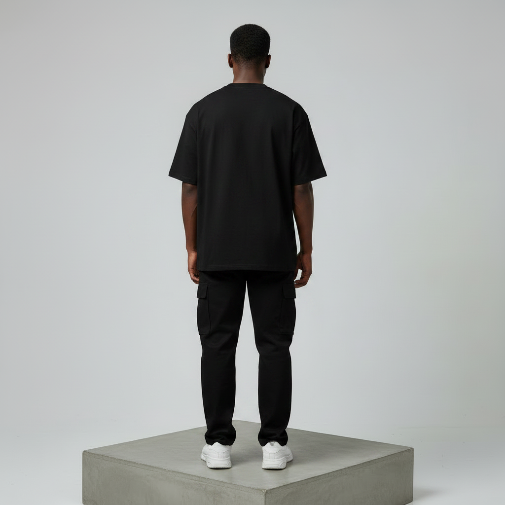 Black Chanyoo Collage Graphic Oversized Tee - Male Model Back