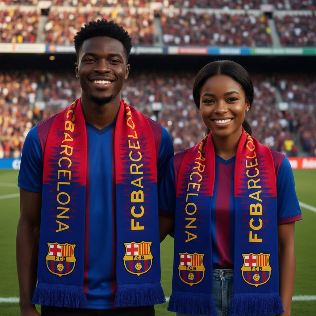 Male and female models wearing red and blue gradient football fan scarf at stadium
