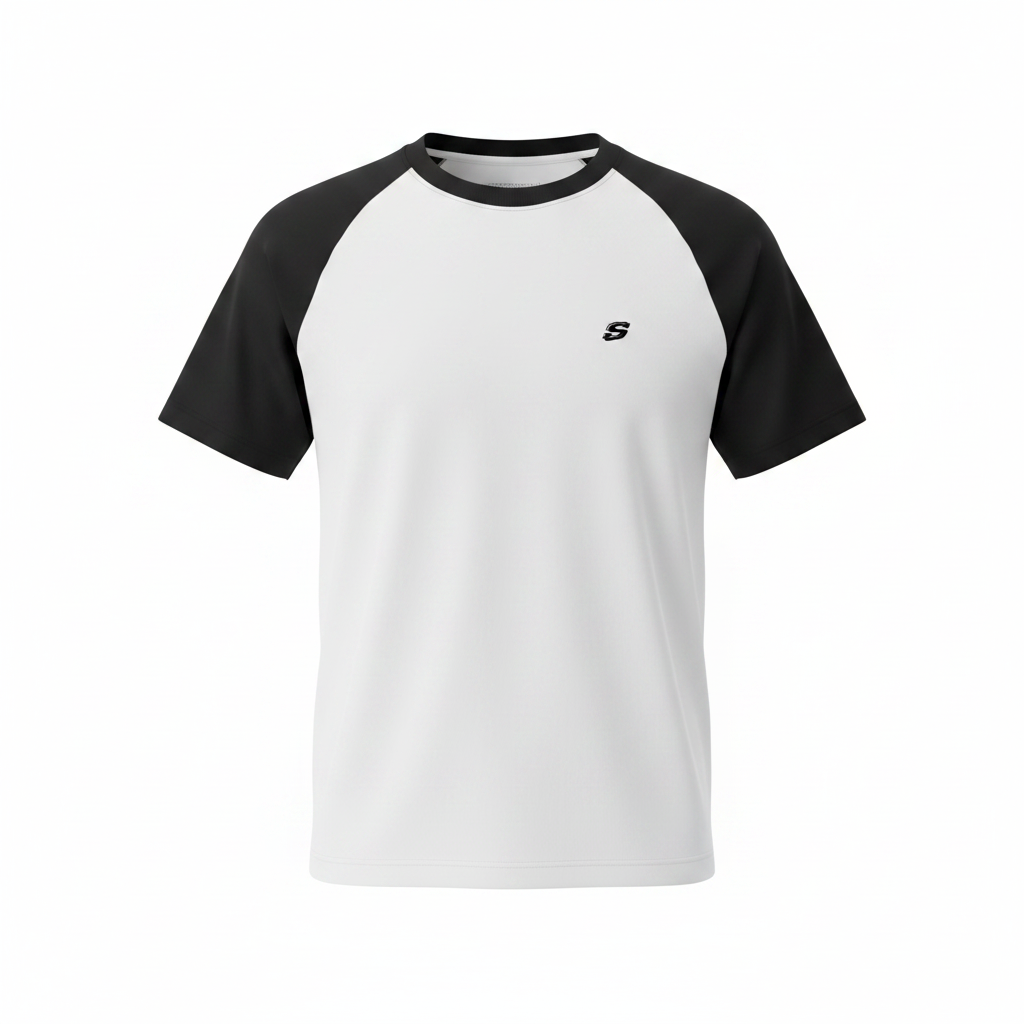 Men's White Black Raglan Short Sleeve T-Shirt - Ghost Mannequin Front View