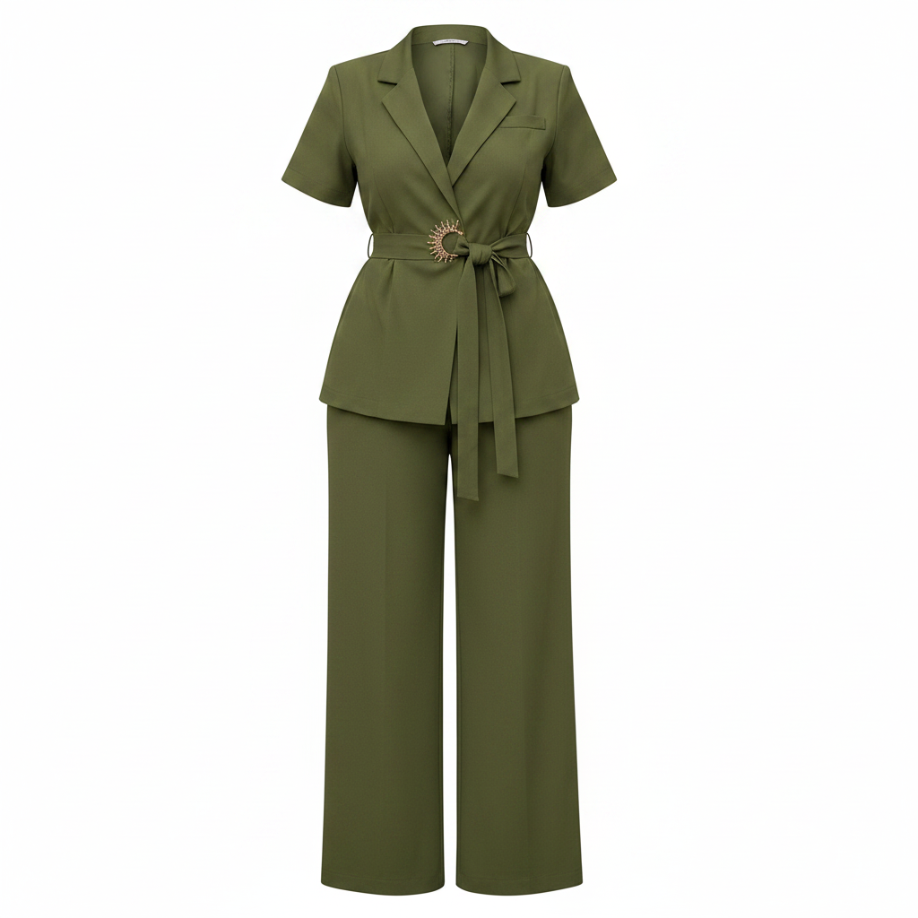 Women's short-sleeve tie-waist blazer co-ord set in olive green – ghost mannequin front view