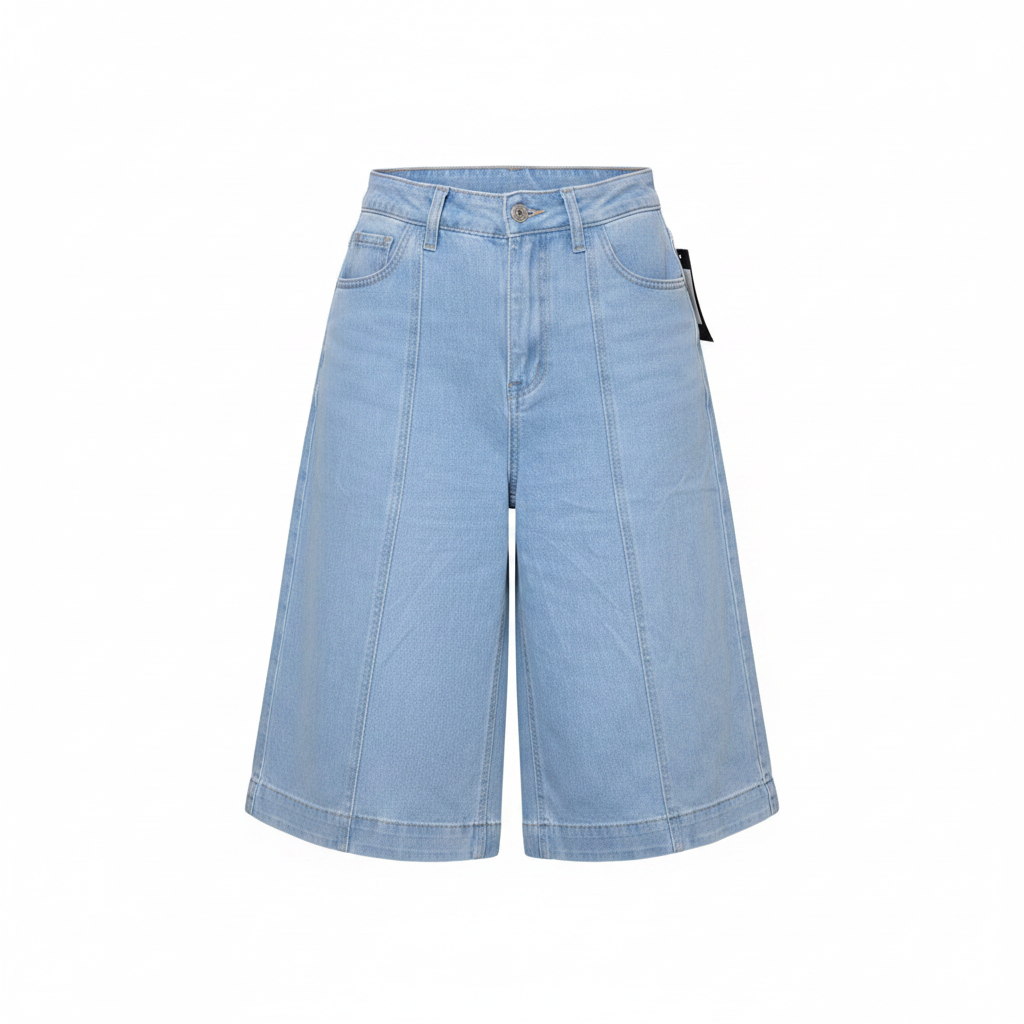 Women's light blue high-waist wide-leg denim bermuda shorts on ghost mannequin, white background