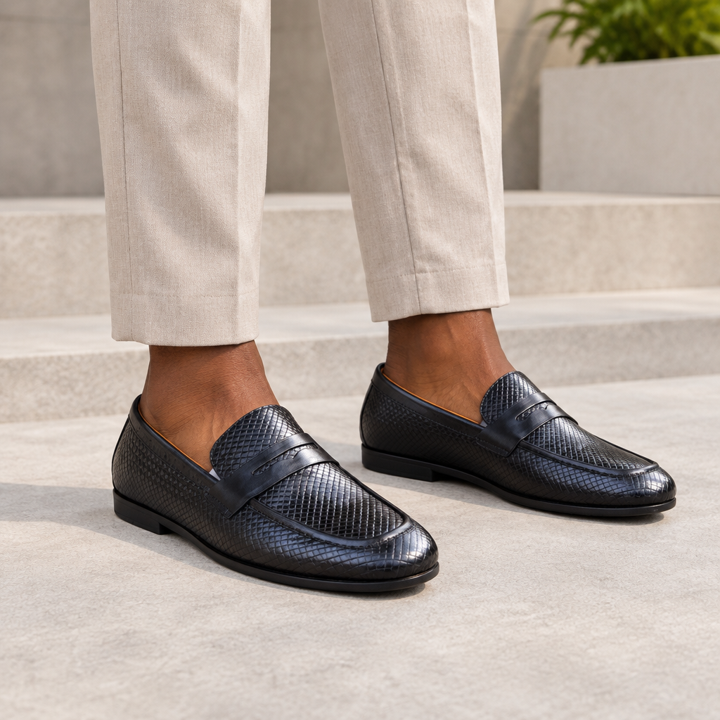 Black model wearing black men's embossed-texture loafers
