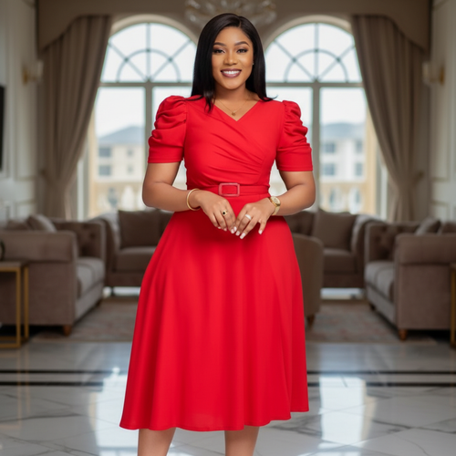 Red belted A-line midi dress on Nigerian female model