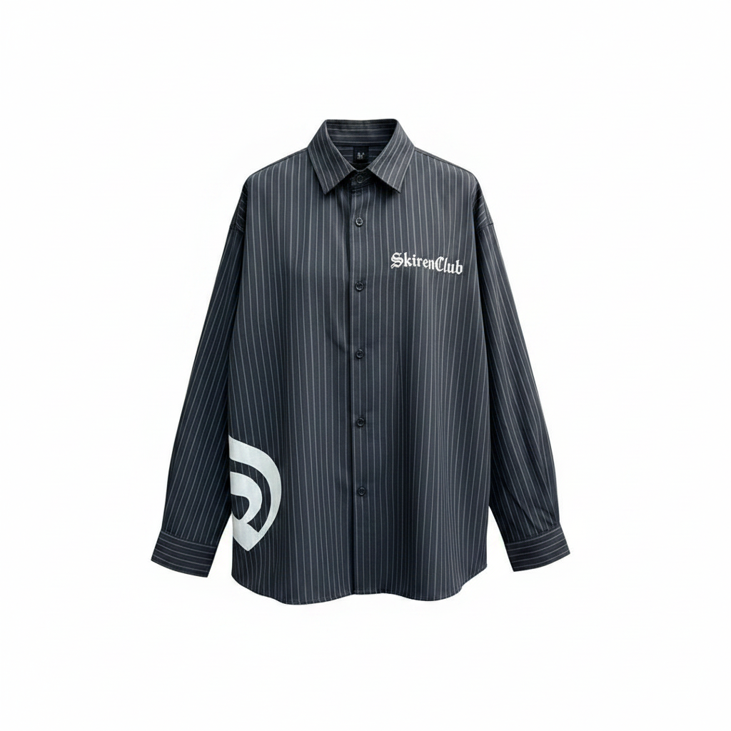 Men's navy striped oversized gothic graphic long-sleeve shirt – ghost mannequin front view