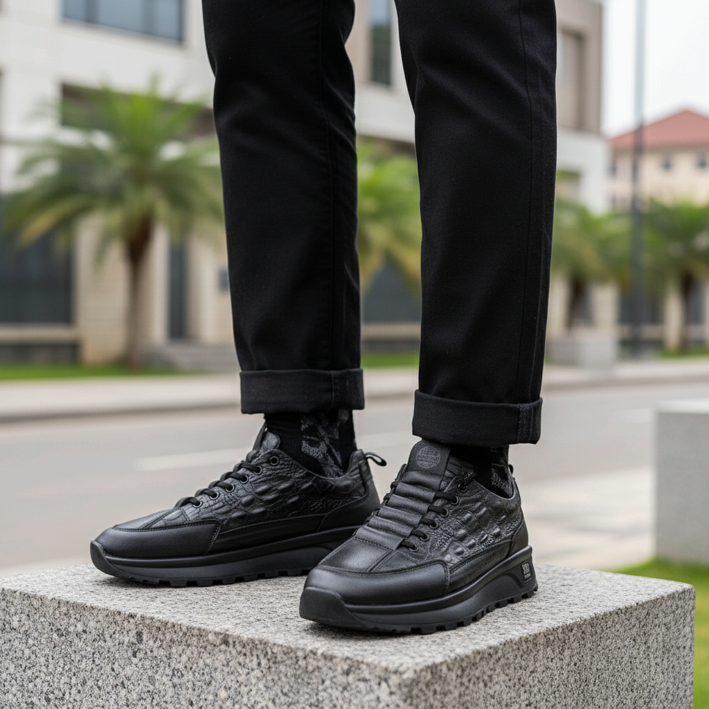 Nigerian male model leg focus wearing all-black croc-embossed chunky sneakers