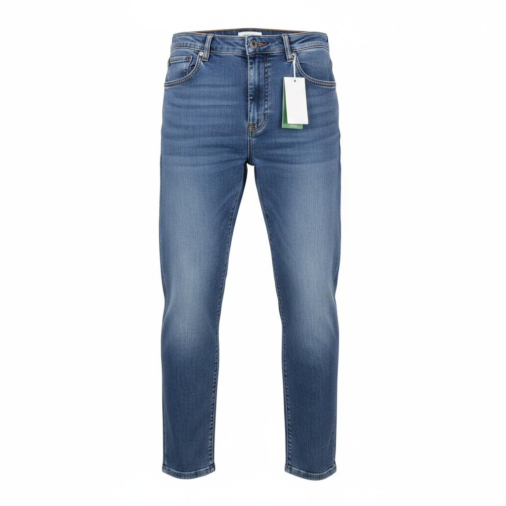 Ghost mannequin view of Men's Medium Blue Carrot-Fit Tapered Denim Jeans