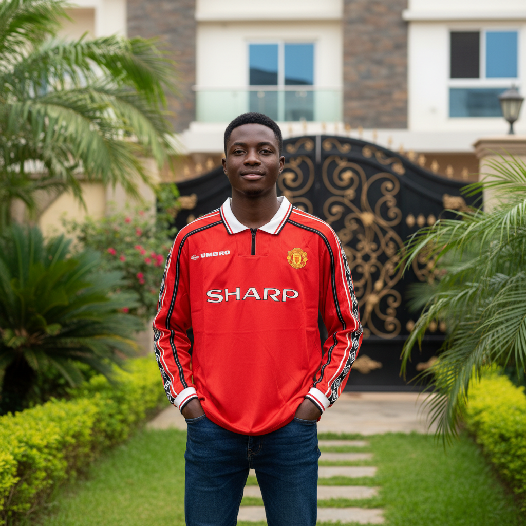 Red long-sleeve retro football jersey with diamond tape sleeves — Nigerian male model front view