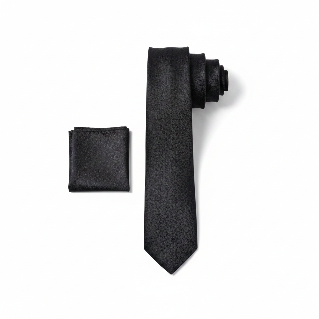 Men's black tonal micro-texture woven necktie and pocket square set flat lay product shot