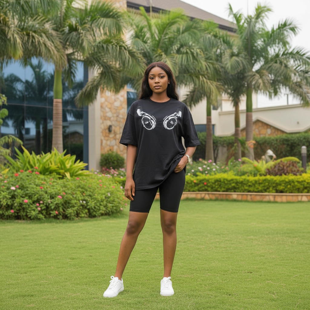 Nigerian female model wearing black oversized short sleeve tee with white headphone graphic print