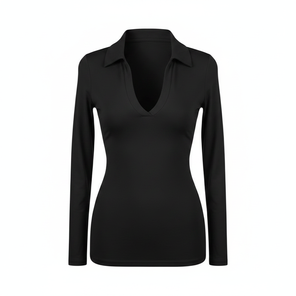 Women's Black Collared V-Neck Long-Sleeve Fitted Top - Ghost Mannequin