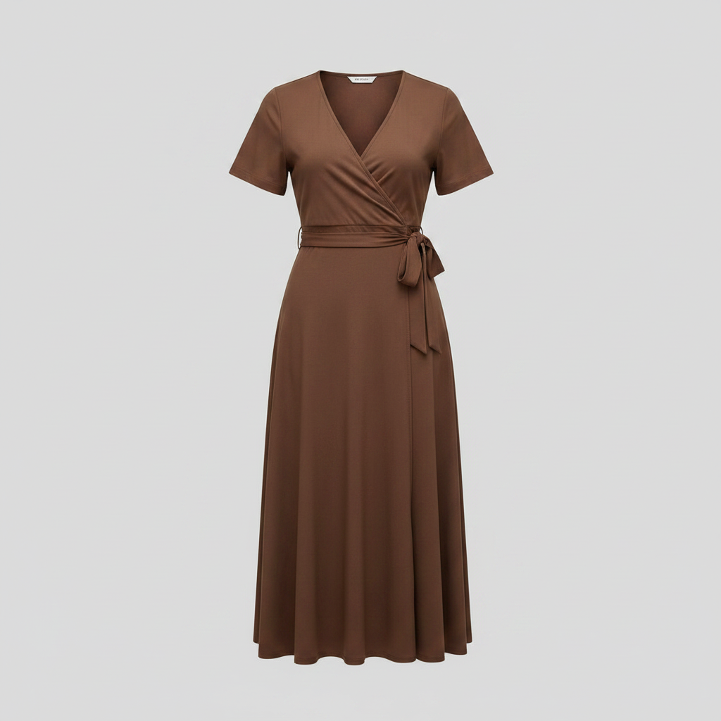 Brown short sleeve V-neck wrap midi dress on ghost mannequin