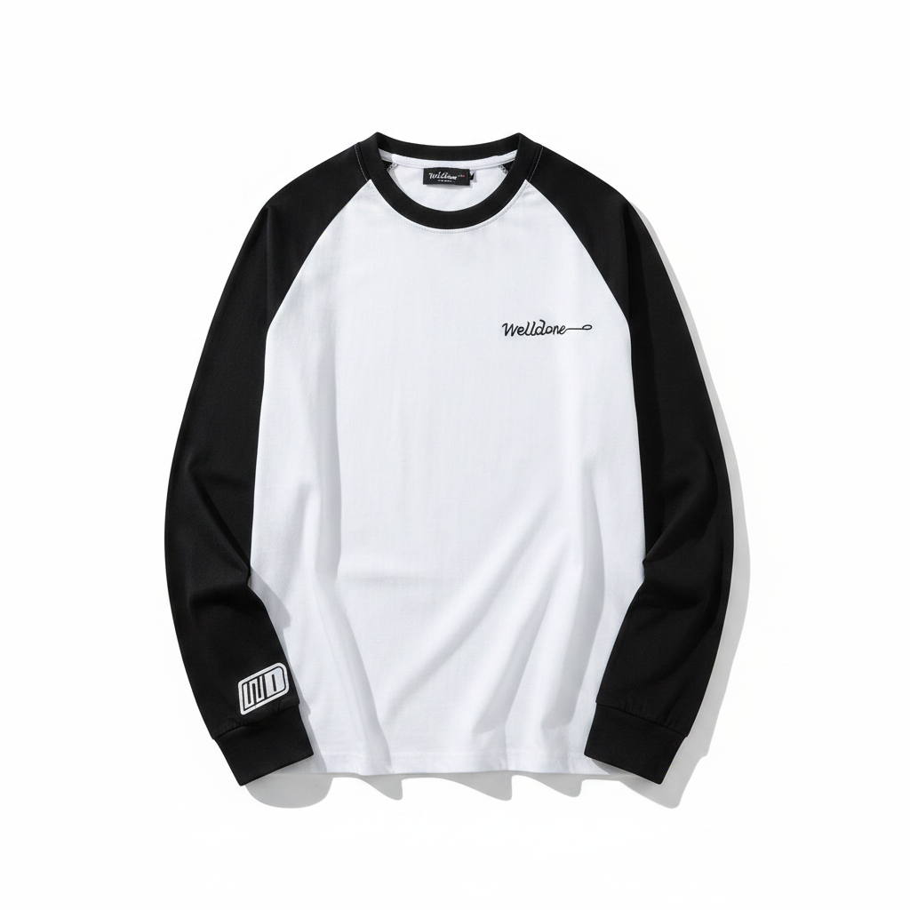 Men's white black raglan script long sleeve shirt ghost mannequin front view