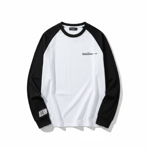 Men's white black raglan script long sleeve shirt ghost mannequin front view