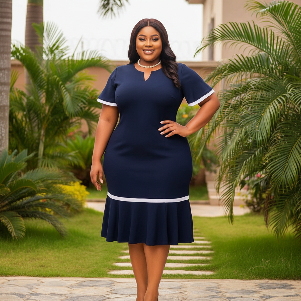 Nigerian female model wearing women's navy blue white trim keyhole neck trumpet hem midi dress