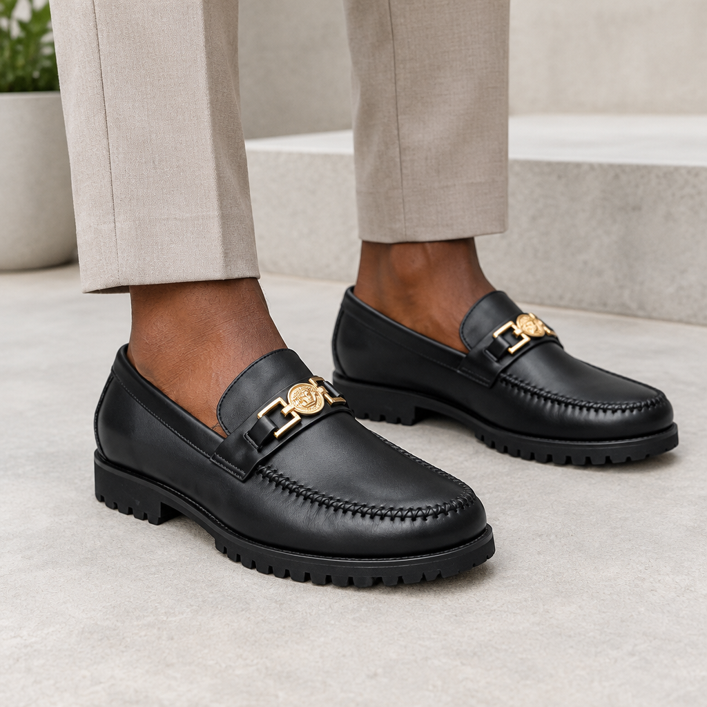 Black model wearing black men's gold-detail moc-toe loafers