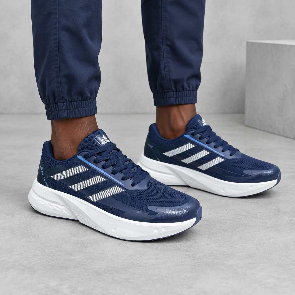 Navy mesh sneakers worn by a model, shown from the legs down