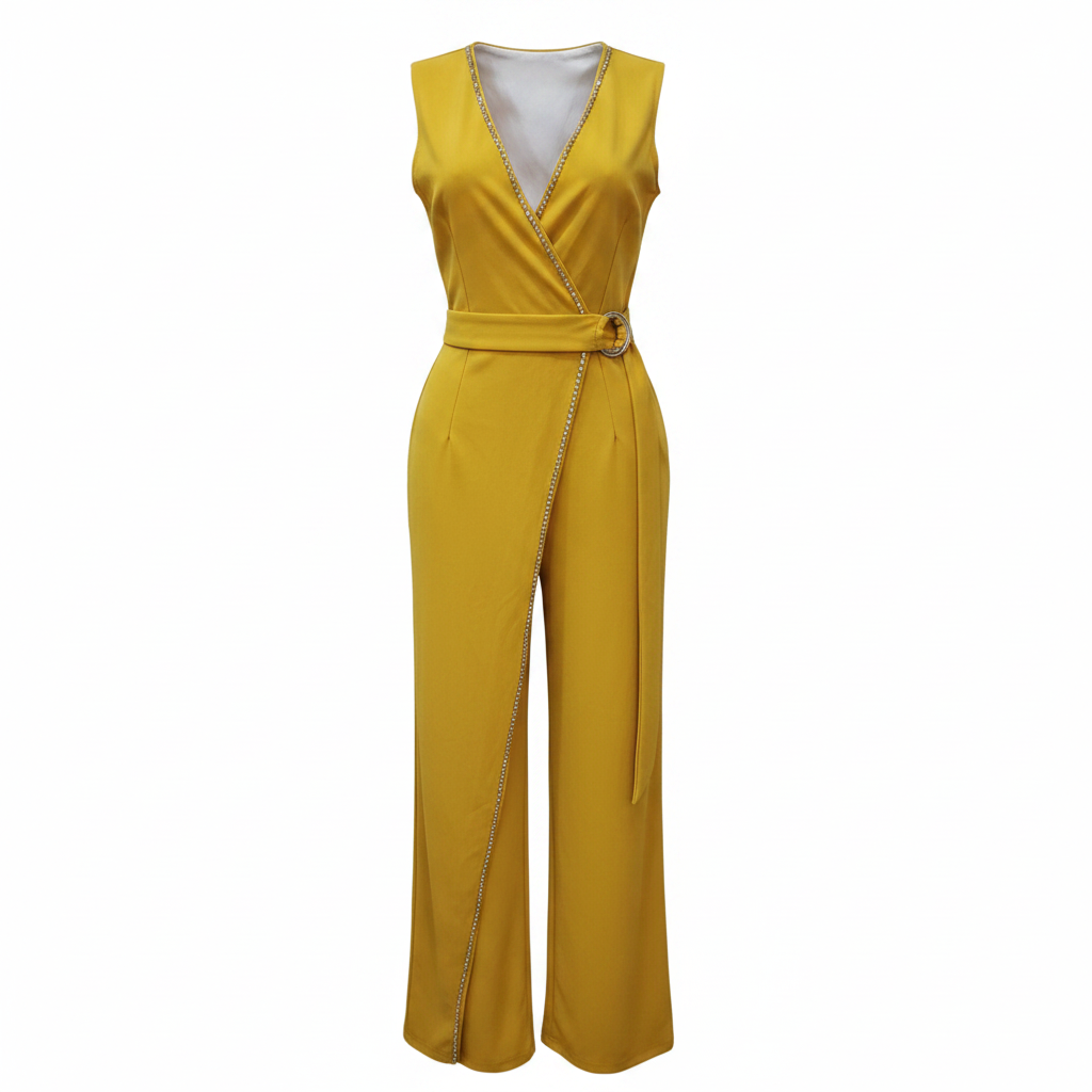 Mustard Rhinestone-Trim Wrap Jumpsuit – Ghost Mannequin