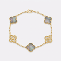 Gold-tone five-clover bracelet with grey iridescent and stone-accent charms
