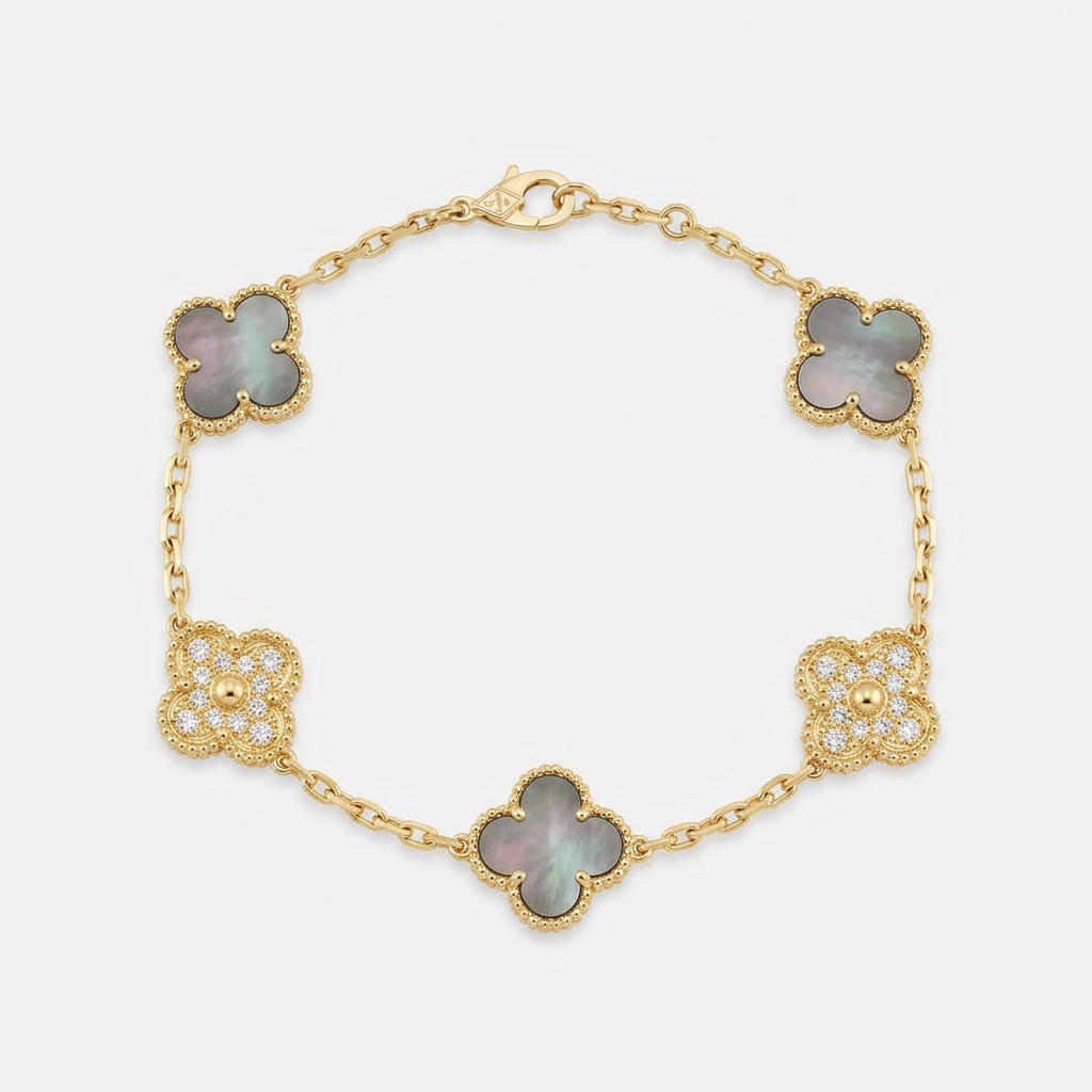 Gold-tone five-clover bracelet with grey iridescent and stone-accent charms