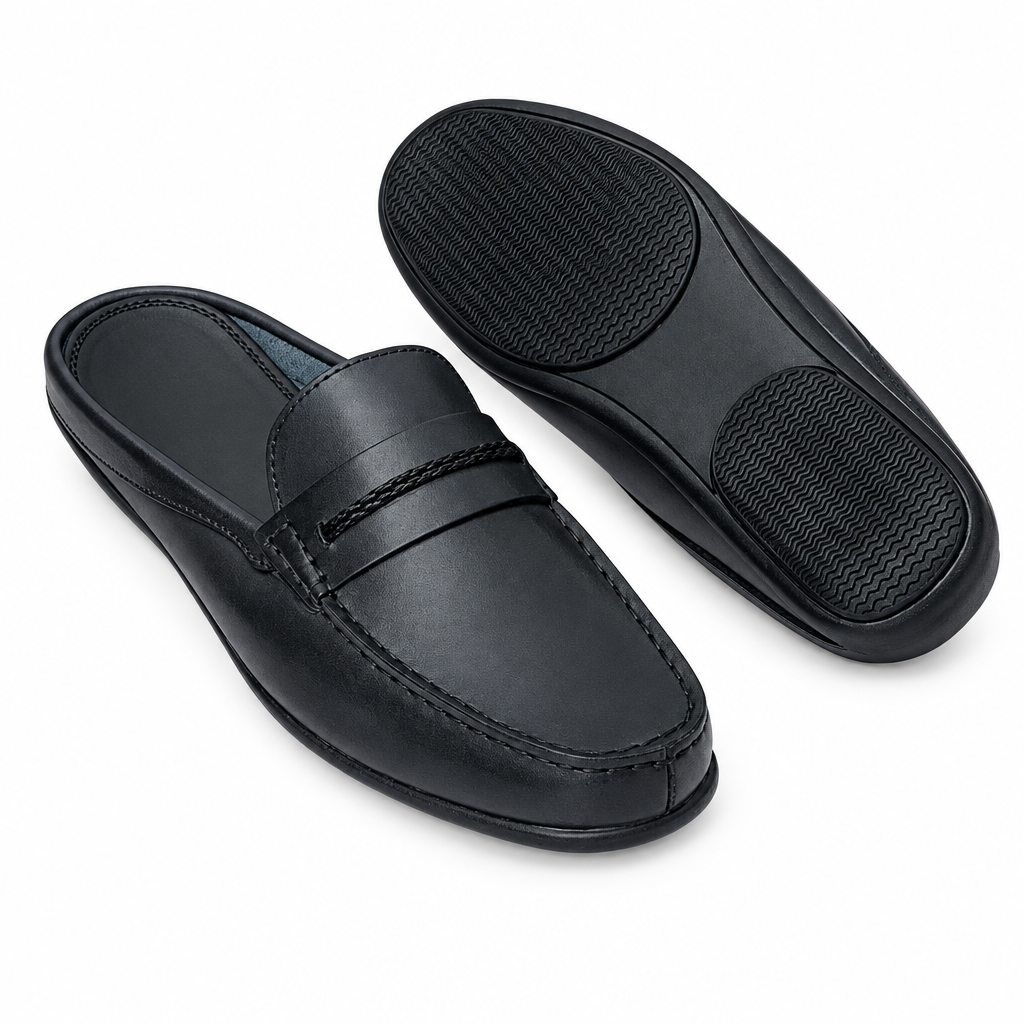 Both black backless loafer-style slippers on white
