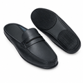 Both black backless loafer-style slippers on white