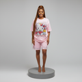 Nigerian female model front view - pink Hello Kitty rhinestone top and shorts set
