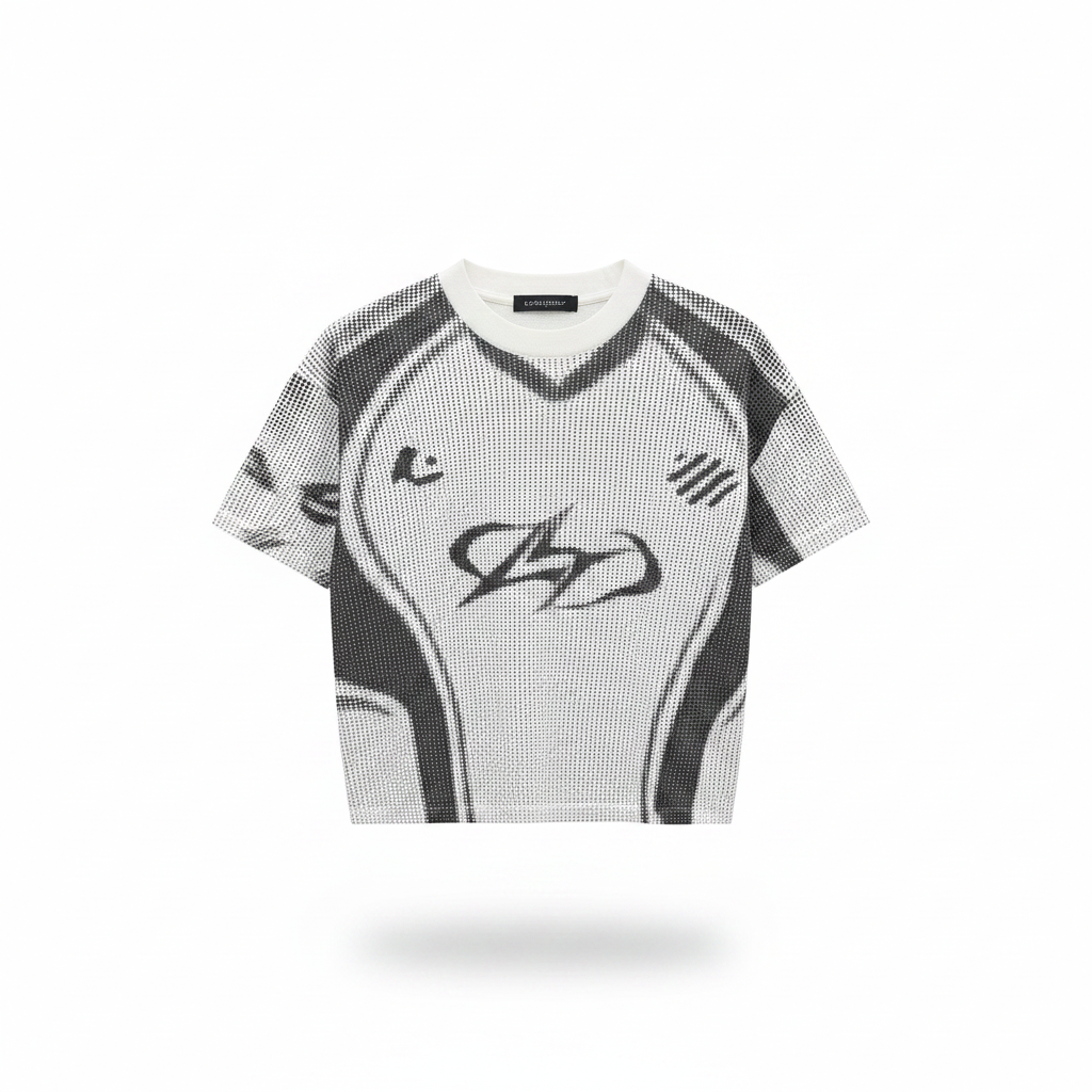 Men's White Black Graphic Print Knit Shirt – Ghost Mannequin Front View