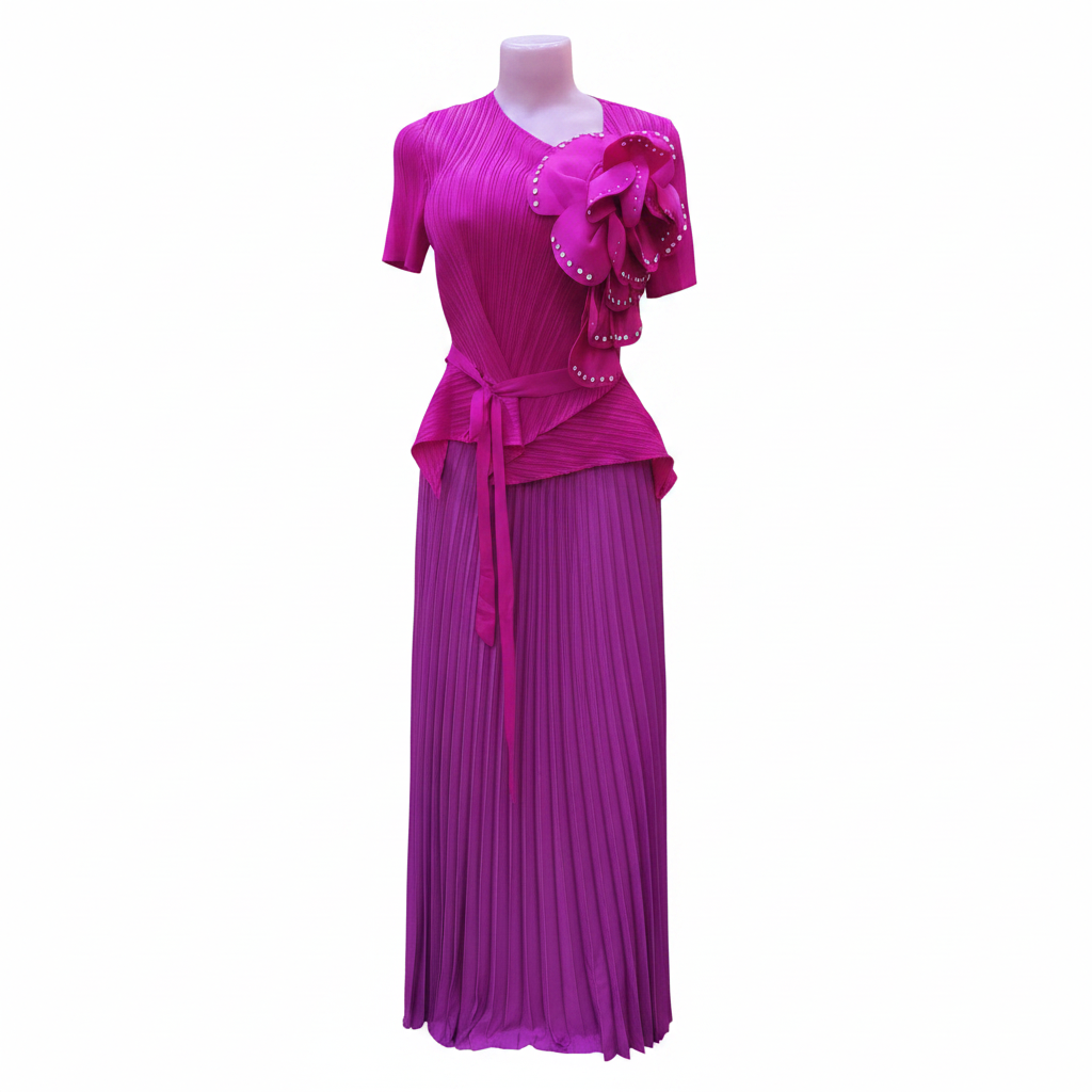 Ghost mannequin front view of Magenta Pleated 3D Rose Peplum Co-ord Set